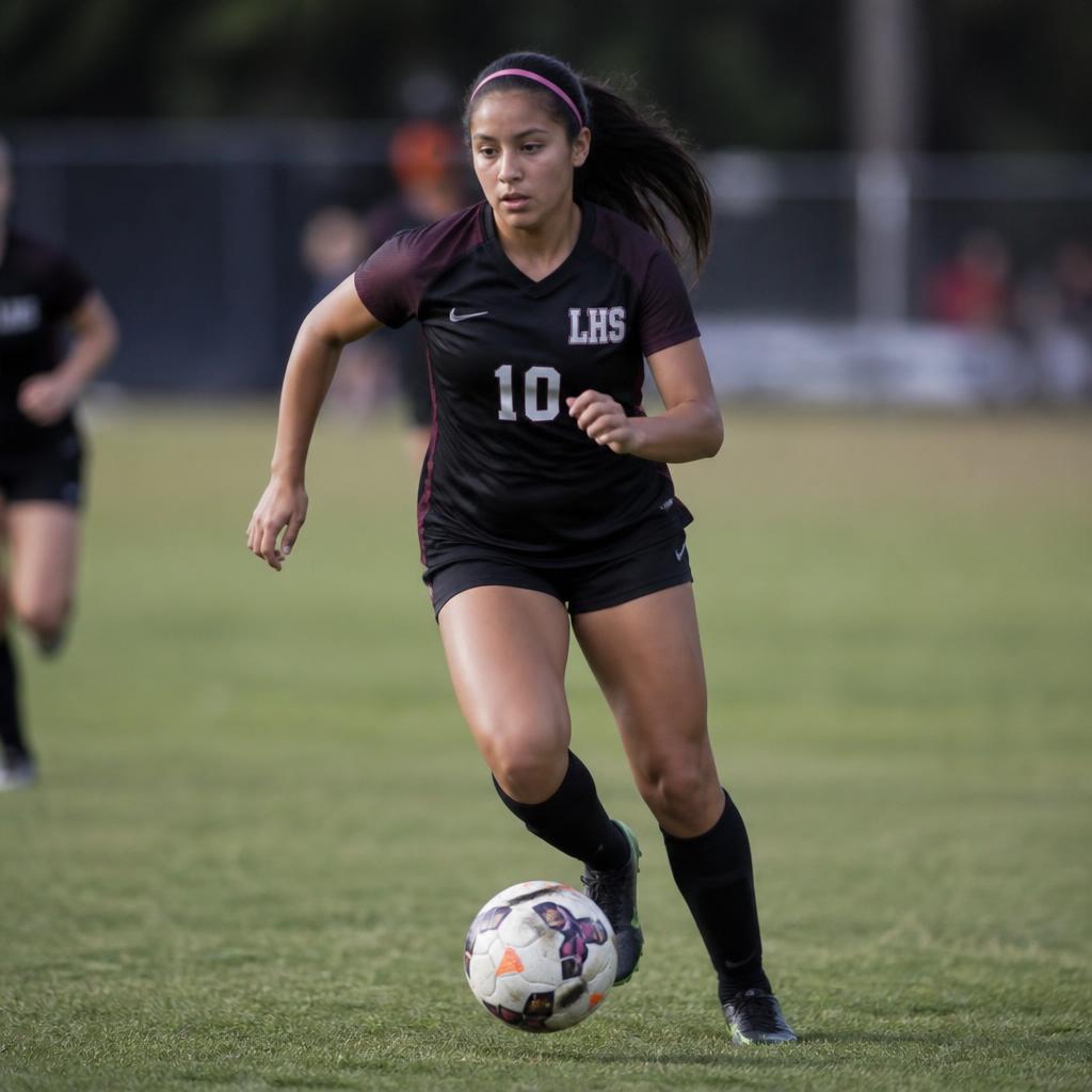 High school girls soccer player sprinting with the ball