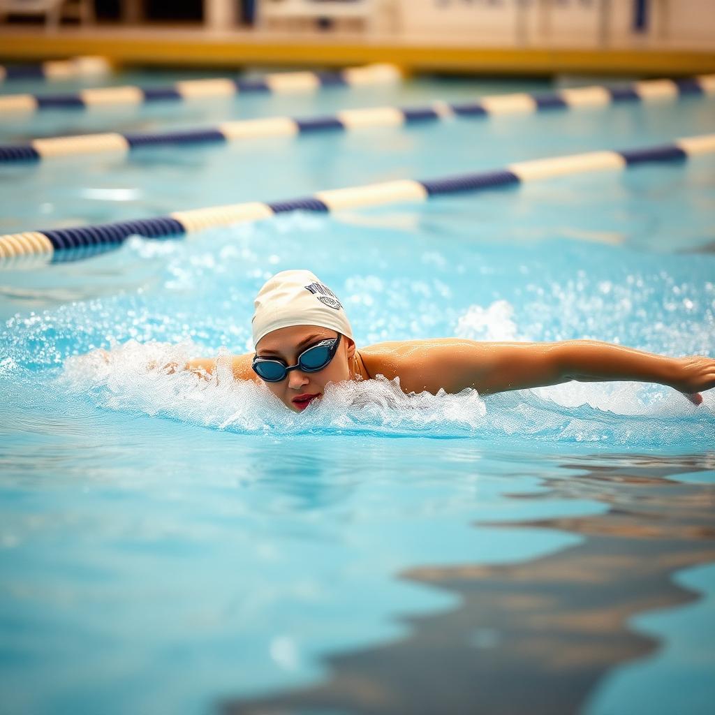 High school swimmer mid-stroke in pool lane