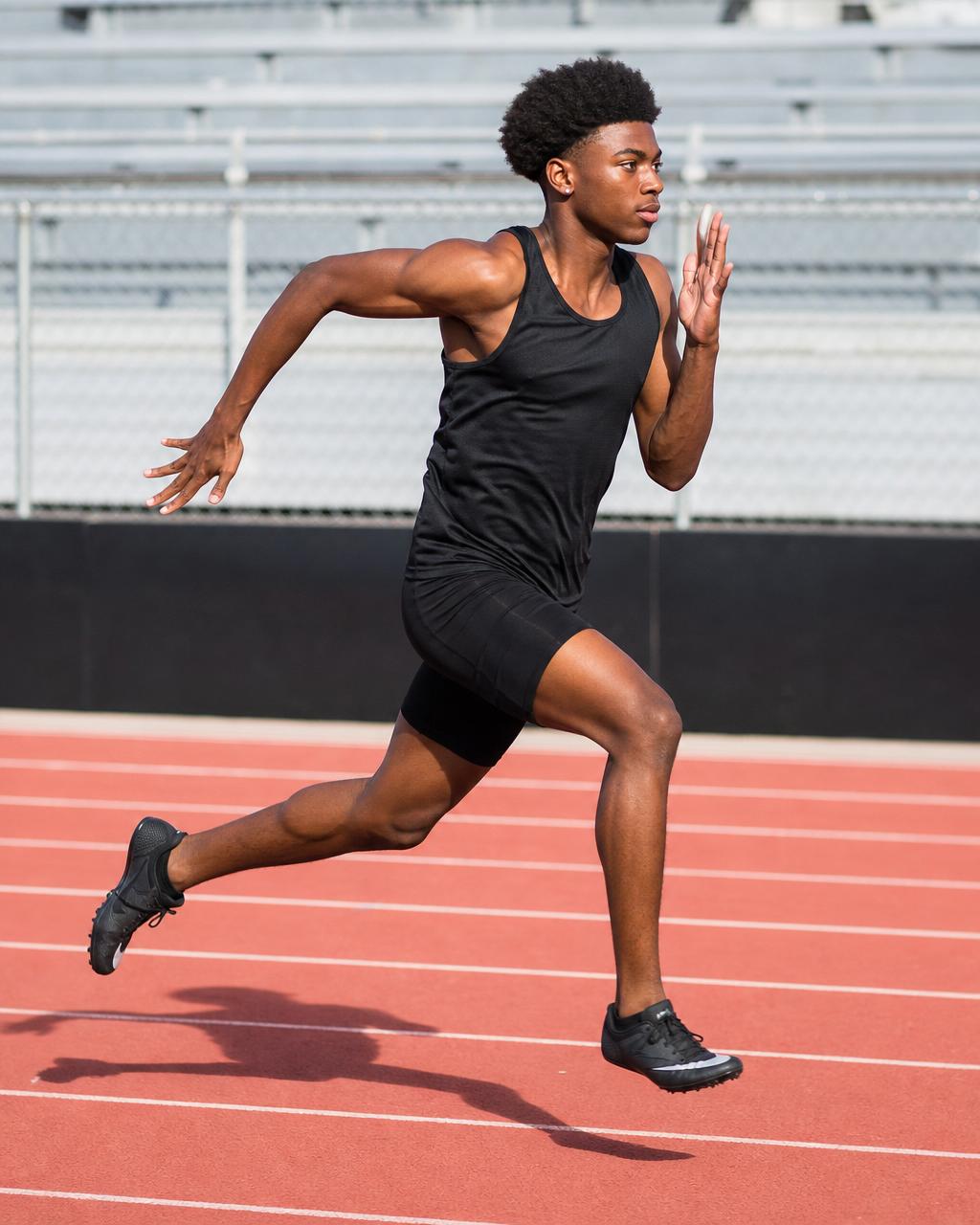 High school sprinter exploding out of the starting blocks