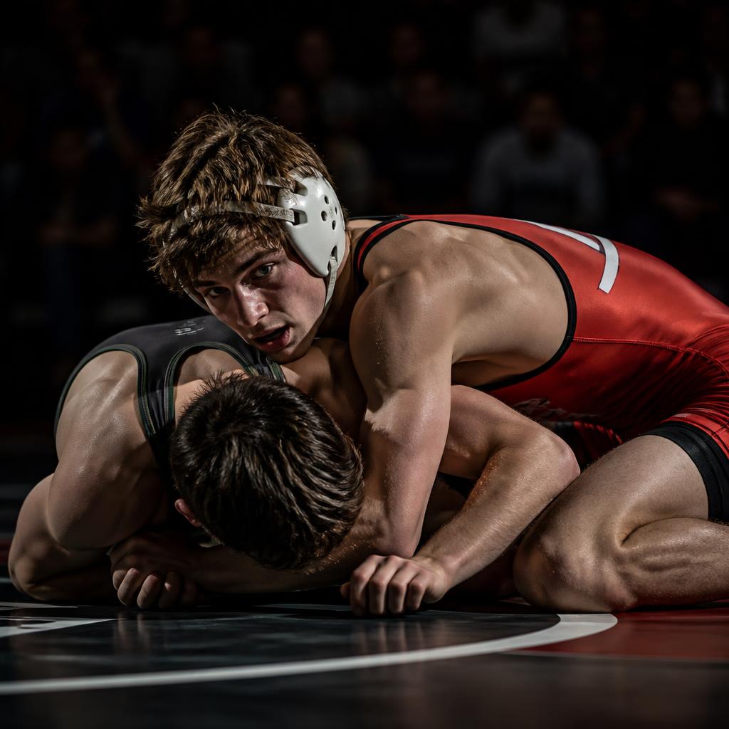 High school wrestler in a match on the mat