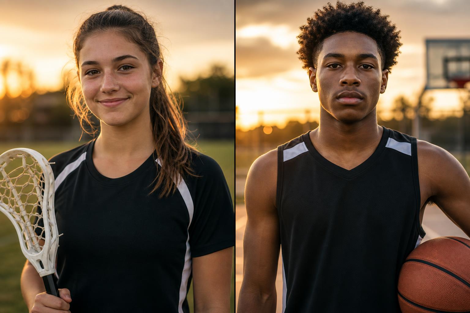 Two high school athletes side by side at golden hour — a lacrosse player and a basketball player, calm, focused, and ready for what's next